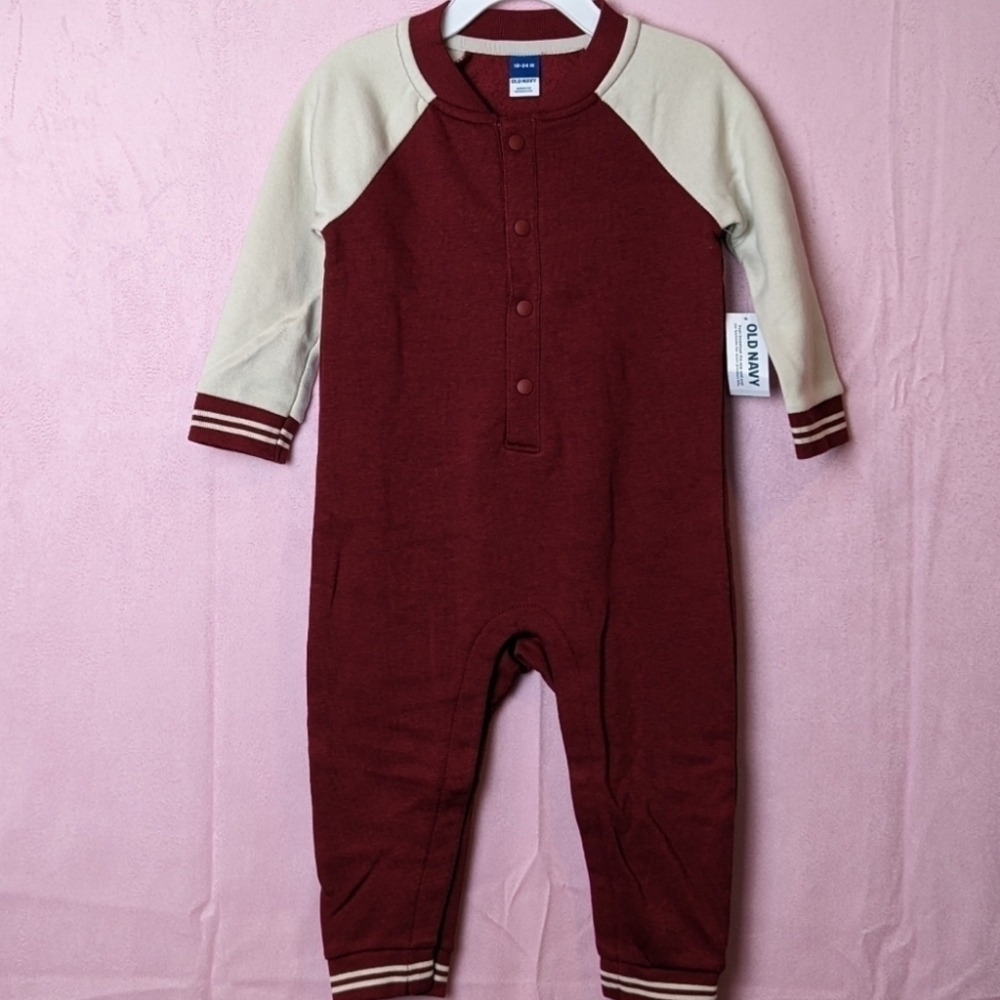 Old Navy Red and Cream Baby Unisex One Piece Long Sleeve Outfit 18-24 Months